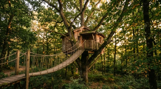 Cabane en bois suspendue dans les branches d'un chêne en forêt française, accessible par une passerelle, éclairée par la lumière dorée de fin d'après-midi