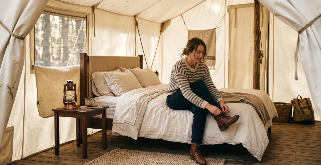 Un client ajuste sa chaussure assis sur le bord du lit dans une tente glamping meublée.