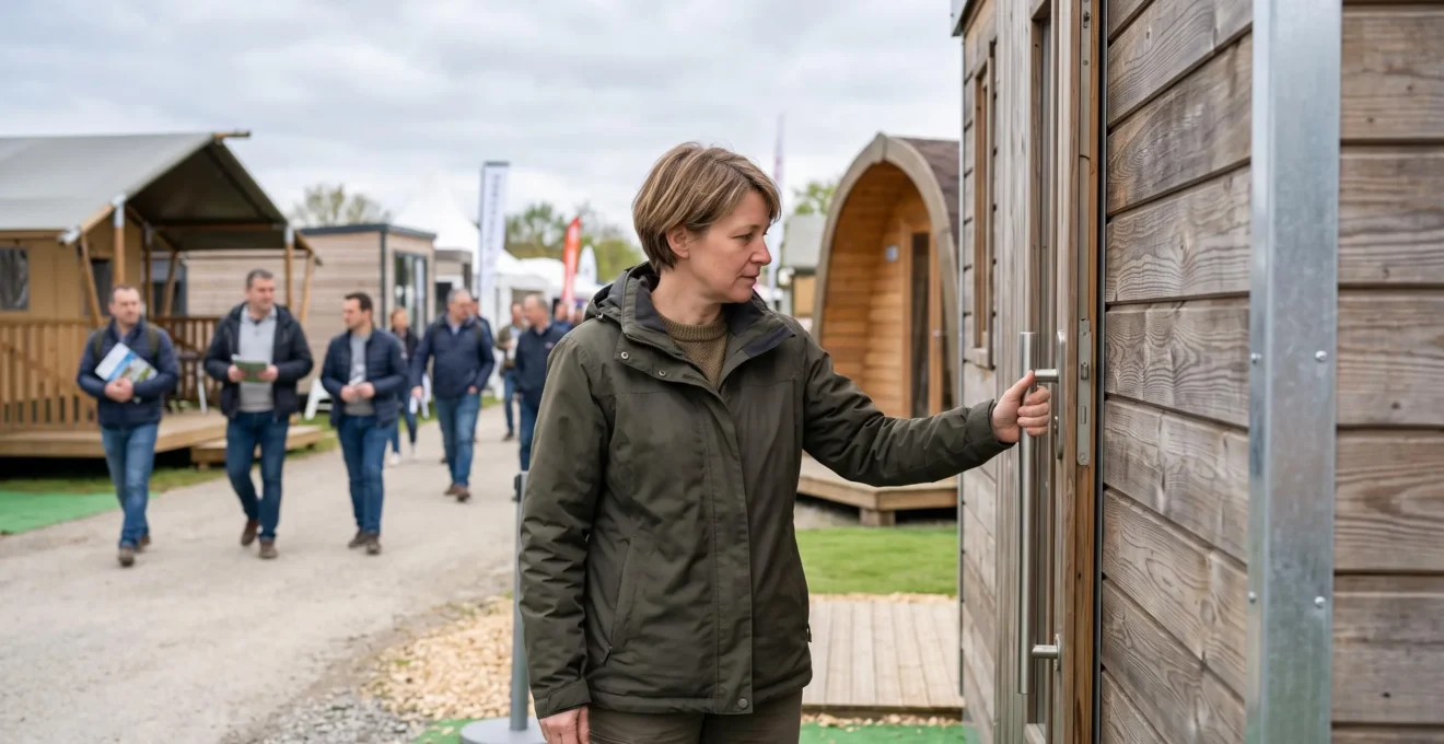 Une exploitante examine la porte d'un hébergement de bois sur un salon professionnel en extérieur.